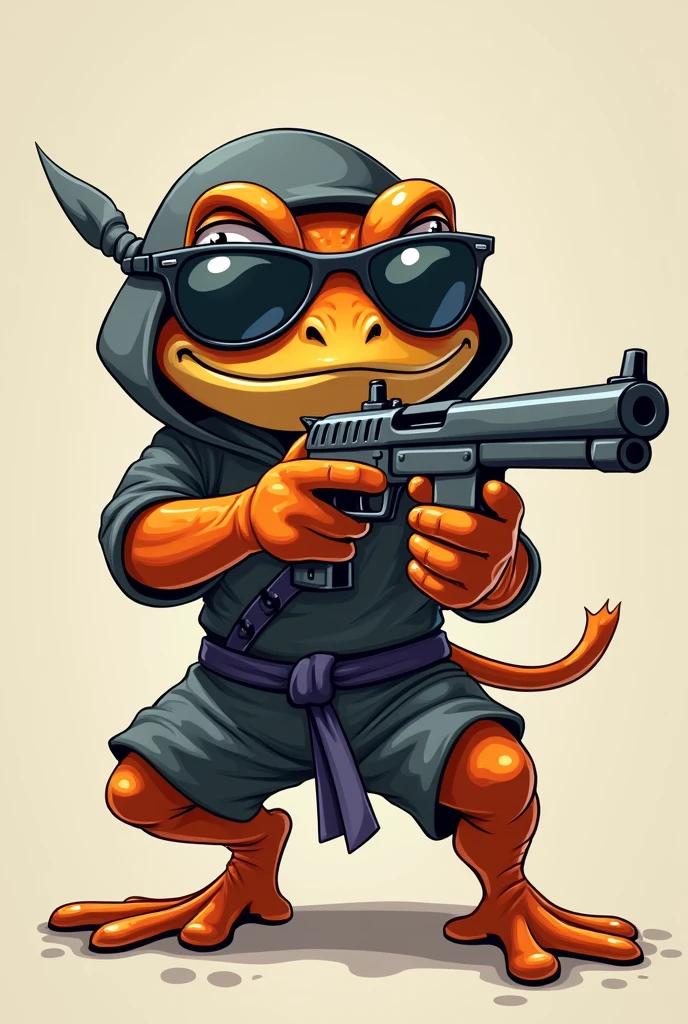 ((Cartoon Toad))), ((Orange))), (((Gray))), and (((Child Frog on Back)))), ((Ninja Costume)) He is ( He holds a ( (gun))) in his hand and points at the camera with a psychotic expression. sunglasses.