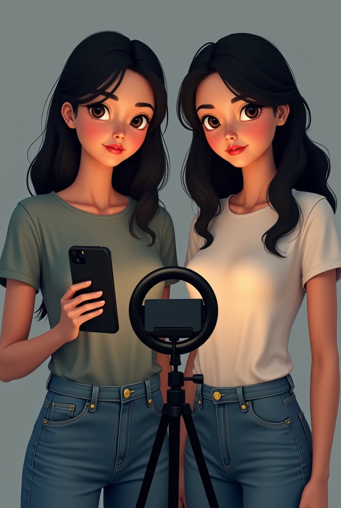 "Generate an image of a 2 young woman with black hair, dressed casually, standing and ready to record herself with her phone using a ring light. The woman should appear focused on the task, in a setting that suggests preparation for a casting. The ring light and phone should be clearly visible, emphasizing their role in the scene."

only one girl comes out