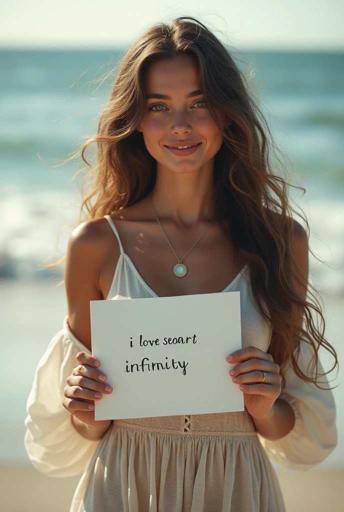 Beautiful girl with wavy long hair, bohemian dress, holding a white board with text "I Love Seaart Infinity" and showing it to the viewer