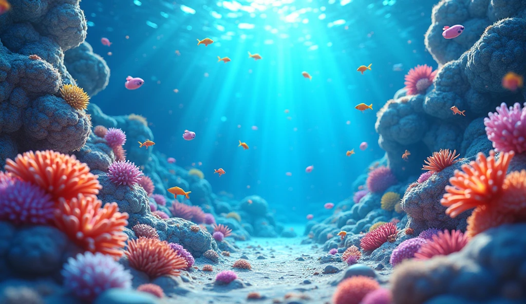 there is a very colorful Underwater scene with corals and seaweed, bubbly 蓝色Underwater scenery, Underwater scene, Close-up movie aquatic scene, Underwater scenery, Beautiful digital artwork, Underwater scenery, Cute 3d rendering, Fantasy seascape, seabed environment, Underwater background, 4k hd wallpaper illustration, seabed, A beautiful artistic illustration, 4k hd illustration wallpaper