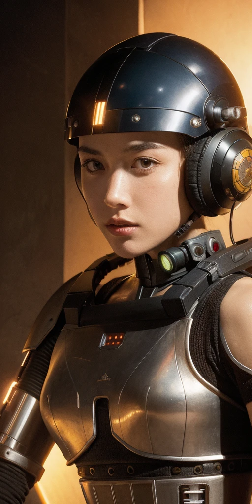 solo, solo focus, masterpiece close-up portrait of a woman wearing tactical gear in a tatooine building, light rays, caustics, mechanical parts, wiring, droid, metal jaw