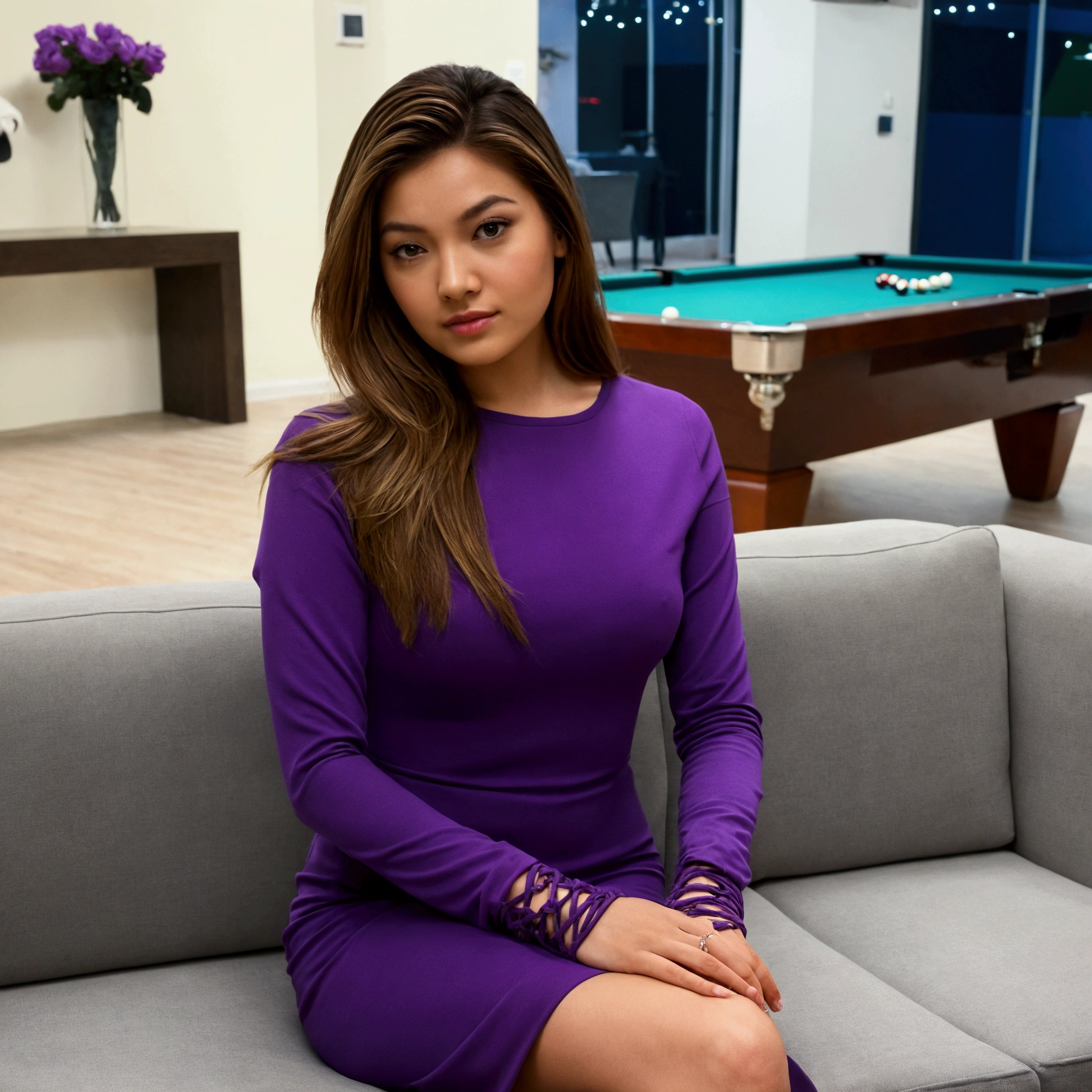 “A young woman is seated on a modern gray couch in a stylish indoor setting, with a billiards table in the background. She is wearing a form-fitting, long-sleeve purple dress with side lace-up details. The dress accentuates her figure, and she has long, straight, light brown hair that falls over her shoulder. She is looking directly at the camera with a confident expression, and the setting includes soft lighting with a contemporary, relaxed ambiance.”