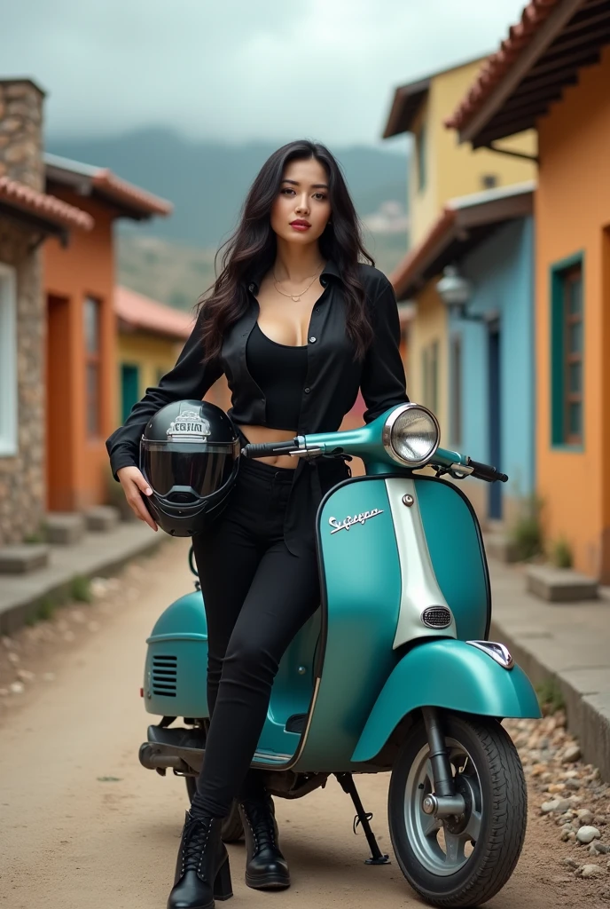 (solo, full body photo:1.3),A curvy Asian woman, seen to have sensual lips, long black hair, wearing a black silk shirt with one button open, wearing a black tank top, black pants, black boots, standing holding a classic helmet, standing in front of a white Vespa scooter, with a colorful stone-built housing complex in the background, a cloudy rocky dirt road