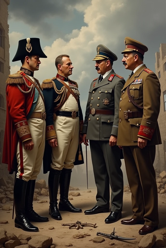 Make a painting of Napoleon as realistic as possible, alexander, Hitler and Stalin talking. Everyone is dressed in military clothing and there must be a lot of symbolism of the act of conquest. 