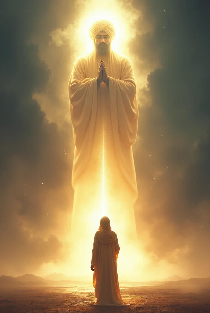 A sikh saint standing folded hand and background is large immage of guru nanak dev ji sikhs first guru large in size figure from land to sky standing giving the blessing to saint mystic background radiant light beautiful light on face of guru nanak dev ji and saint fugure is in standing with folded hands looking towards his guru