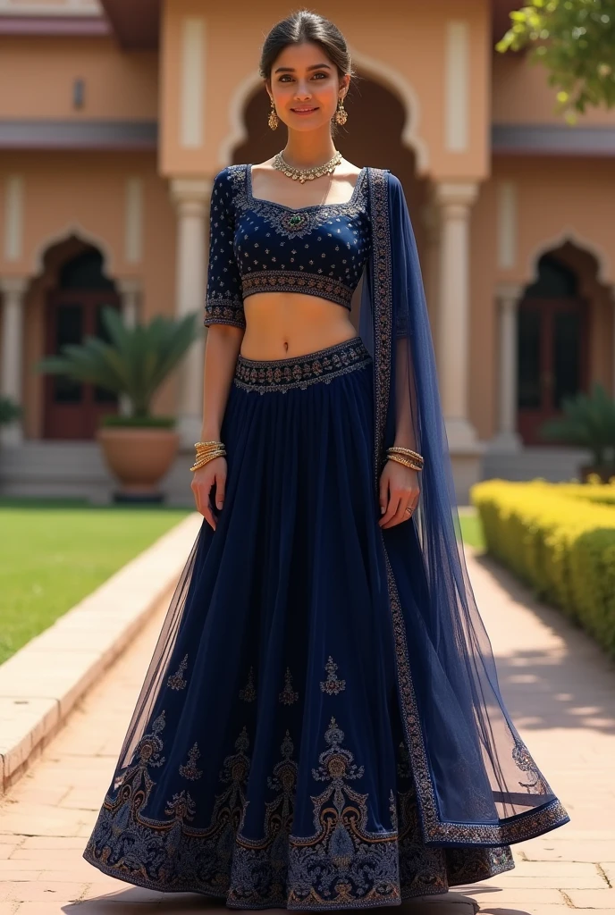 Lehenga dark blue with blouse covering the stomach