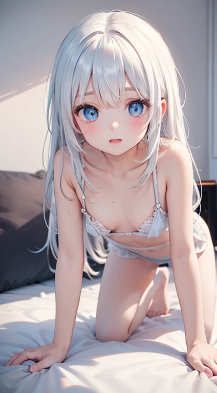 1_girl, Long white hair, Blue Eyes, Small breasts, Sexy pose wearing white, cushion, Lots of light, On all fours、Covered by the camera、White liquid on the face、Jumping on the cameraman's body、Stick your butt out、I can see the nipples、Dripping white liquid from mouth