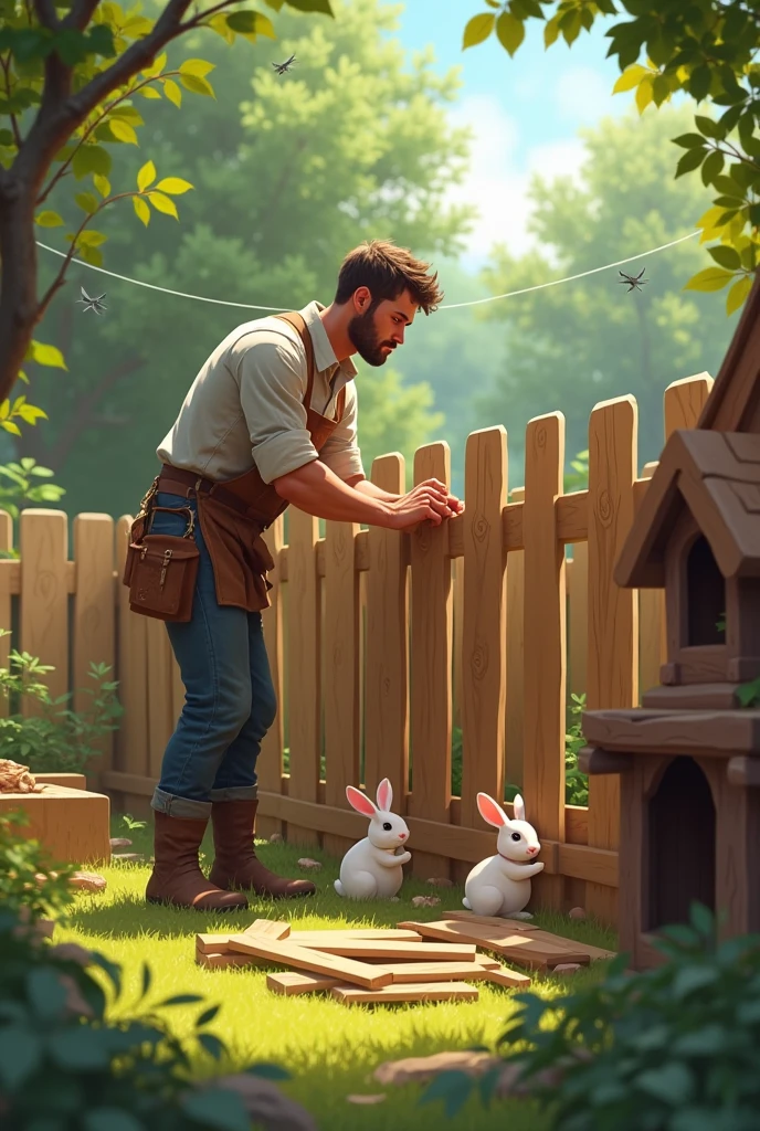 Father building a fence for rabbits