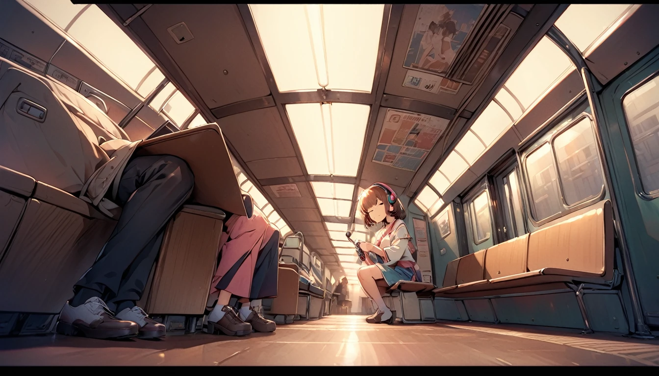 Ultra high resolution, pulling shooting, pulling composition, wide angle, 90s retro style, short-haired woman with brown hair dull bangs is sitting on a bench on a subway platform where the train is not coming, drawing a woman in the center small
Listening to music with your eyes closed and headphones on, advertising backgrounds on the wall, moody lighting, scenes shooting from the platform opposite, wide-angle shooting, high-contrast lighting,
