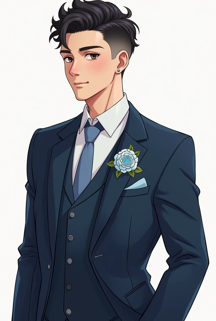 Style manga, homme noir de 26 ans, costume 3 pieces bleu foncé boutonniere fleur bleue claire et blanche. Cheveux crepus courts et rases sur les côtés. chemise blanche. Yeux marrons foncés, il sourit un peu timide mais charmeur. Lèvres fines, nez épaté 