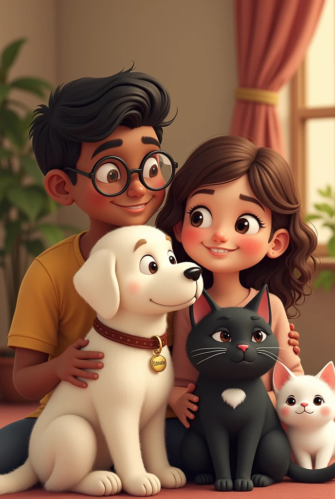 Create a family image where a couple comes together: the chubby man with glasses, dark skin, hair combed to one side, together with his female partner., a little chubby curly brown hair with medium skin tone round glasses Along with a white labrador dog with a little tag with the name Bonnie also a big fat black cat with a white spot on the middle of her face down to her belly named Micharda and another little white kitten named Kitty