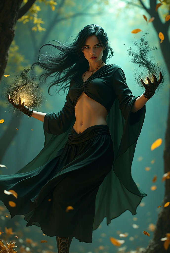 Shadowheart, the Caucasian half elf from baldur's gate 3, best quality, ultra-detailed CG unity 8k wallpaper, floating, high resolution, dynamic pose, beautiful face, (green eyes:1.2, black hair:1.3, long single braid, black cloth top, black open skirt, black cloak, cleavage, bare midriff), depth of field, white forest, golden leaves, magic light), casting black and dark green magic with her hands, glowing eyes, night time