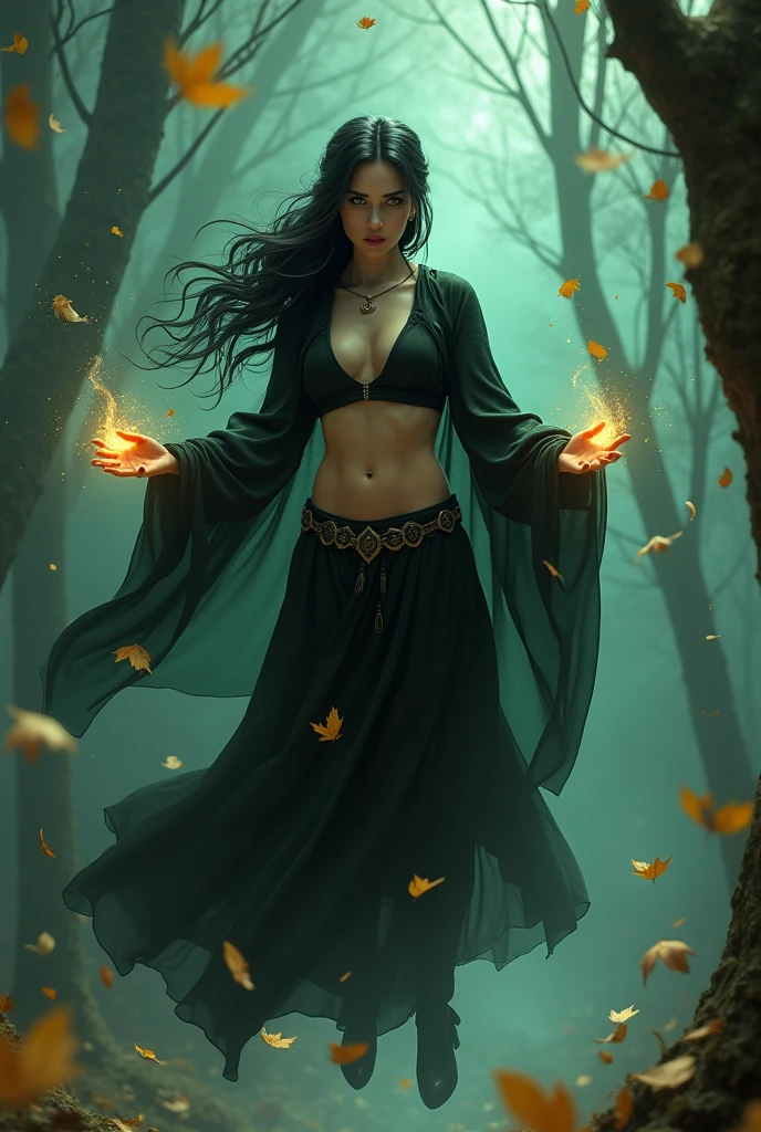 Shadowheart, the Caucasian half elf from baldur's gate 3, best quality, ultra-detailed CG unity 8k wallpaper, floating, high resolution, dynamic pose, beautiful face, (green eyes:1.2, black hair:1.3, long single braid, black cloth top, black open skirt, black cloak, cleavage, bare midriff), depth of field, white forest, golden leaves, magic light), casting black and dark green magic with her hands, glowing eyes, night time