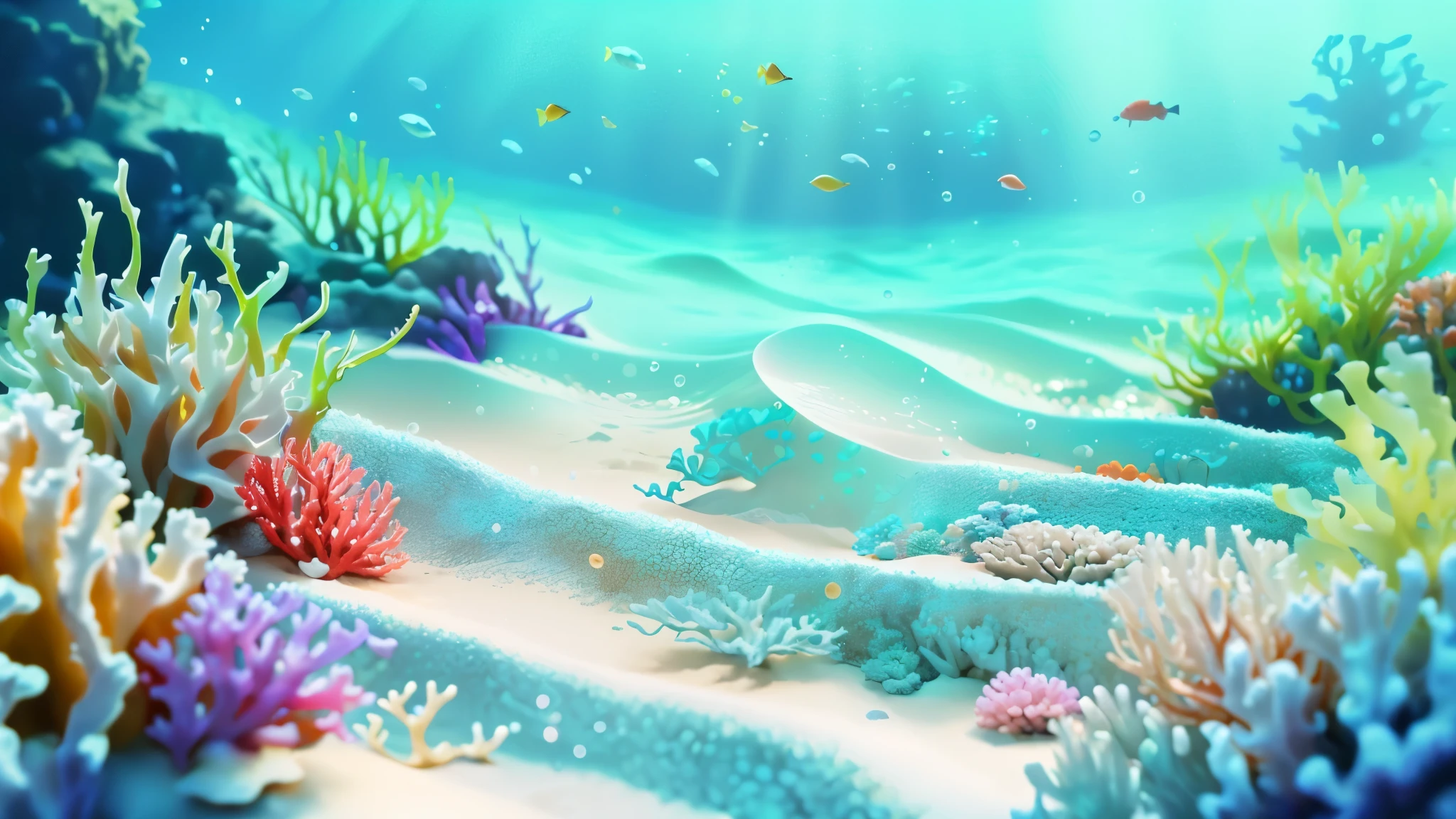 there is a very colorful Underwater scene with corals and seaweed, bubbly Underwater scenery, Underwater scene, Close-up movie aquatic scene, Underwater scenery, Beautiful digital artwork, Underwater scenery, Cute 3d rendering, Fantasy seascape, seabed environment, Underwater background, 4k hd wallpaper illustration, seabed, A beautiful artistic illustration, 4k hd illustration wallpaper