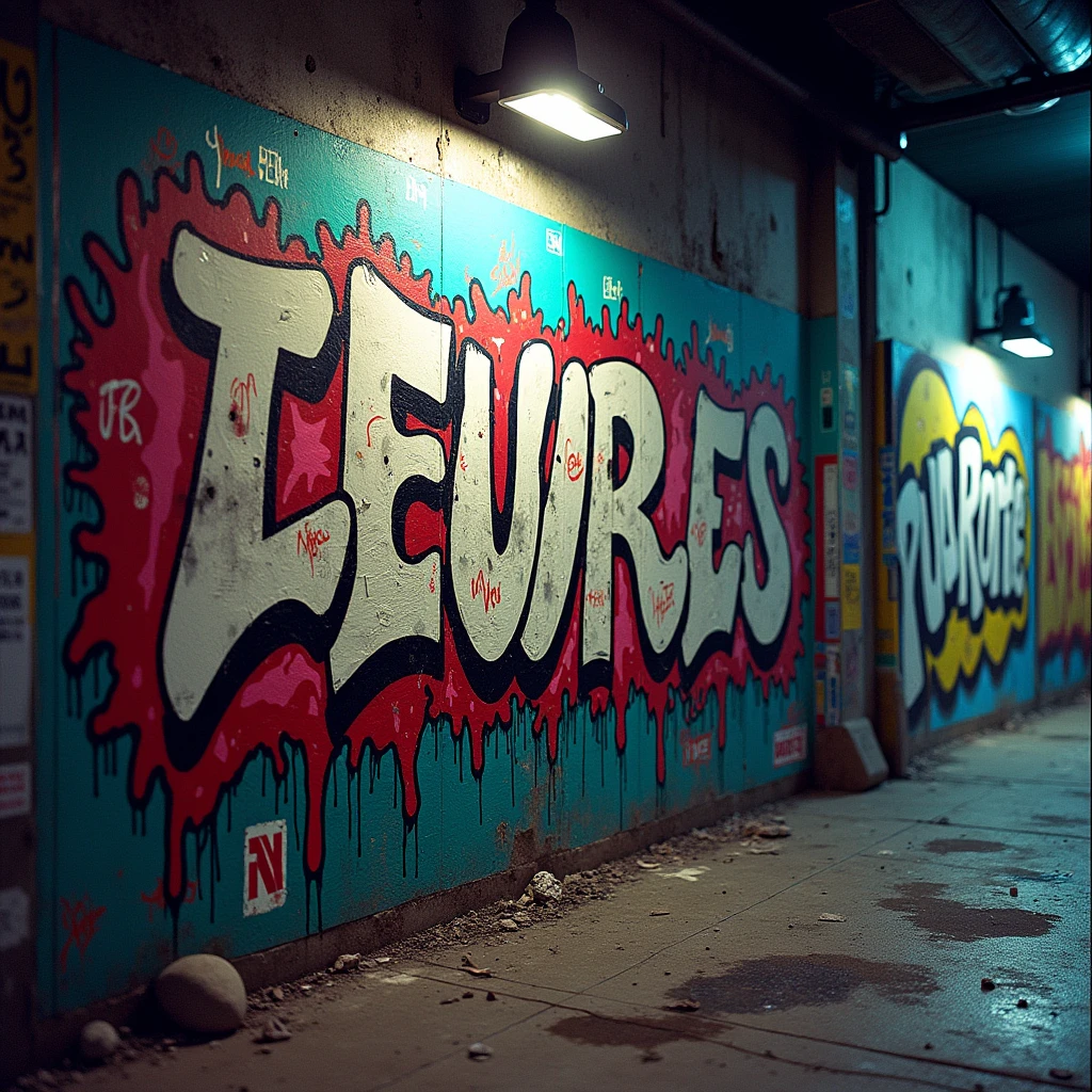 generate a master photograph describing graffiti-covered wall, (8K, best quality), shot on Fujifilm superia, (Studio soft light, high detail, cinematic lighting, rim lighting), Style: (hyperrealistic, by DynastySeries FashionNova, photo, {{{masterpiece photography}}}, analog photograph, professional fashion photoshoot, trending on artstation, synthwave, krrrsty), Quality: (photographed, masterpiece, highest resolution), Definition: (highres, sharp focus, 8k uhd, ultra photo-realistic resolution), Film: (80 mm, shot on portra 120, shot on Fujifilm), Resolution: (extremely detailed, (sharp focus:1.5), cinematic lighting, dramatic lighting, ultra photo-realistic), luxury: