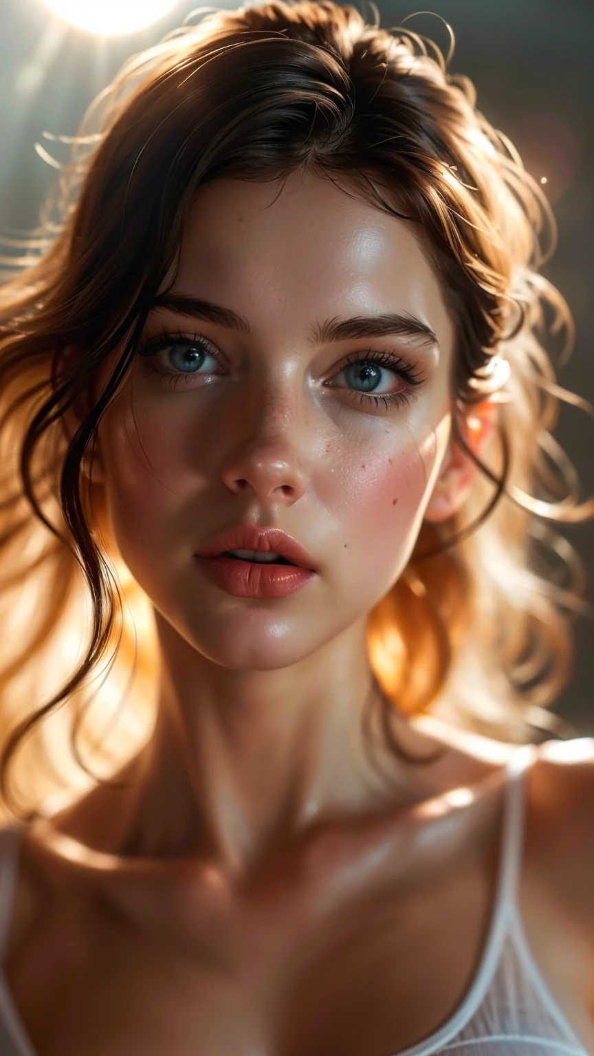 (((ultra realistic))) Photo, masterpiece, top quality, (pale skin), (Ultra detailed face and eyes:1.3), 1 girl, Adult, in a T-shirt, (Eye makeup, mascara) , ((large detailed lips)), ((ash wavy hair)), ((Chyolka)) , (Natural breasts), Slim waist. ((Posing)), photoshoot, studio (soft lighting), (The play of light and shadows), depth of field, bokeh, (special attention to skin detail: 1.2), Detailed leather texture, skin pores. life like coloring(Airy atmosphere of the frame. Color range - realistic,real world, Bright, white,  less Pink tones), UDR, ((Film grain)), ((rays)), ((glare of the sun)), ((waist up portrait, close to the camera)) , ultra detialed, 