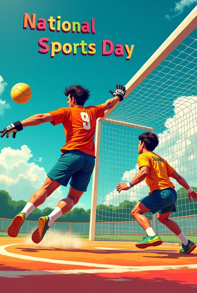 Create a image the HANDBALLER play HANDBALL and goalkeeper without gloves name was Sourabh write on his kit and on the blue sky national sports day writen with colourful background