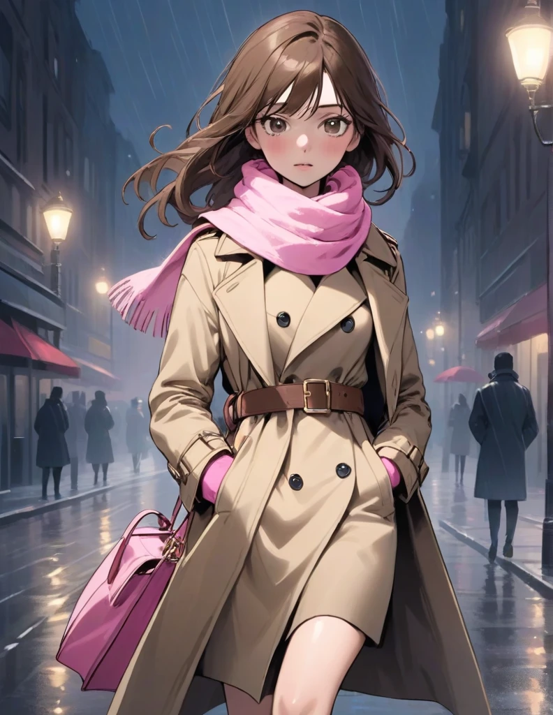 Masterpiece, hd, 1girl with long brown hair wearing a fully buttoned up closed and beige belted buckle knee-length trench coat with by a tucked up large pink winter wool scarf and white gloves carrying her large pink purse blown by the hard wind at the hard rainy night city street full body 8k)