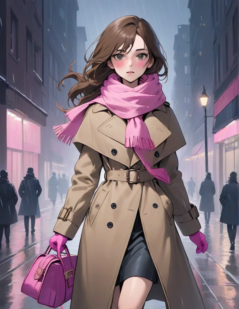 Masterpiece, hd, 1girl with long brown hair wearing a fully buttoned up closed and beige belted buckle knee-length trench coat with by a tucked up large pink winter wool scarf and white gloves carrying her large pink purse blown by the hard wind at the hard rainy night city street full body 8k)