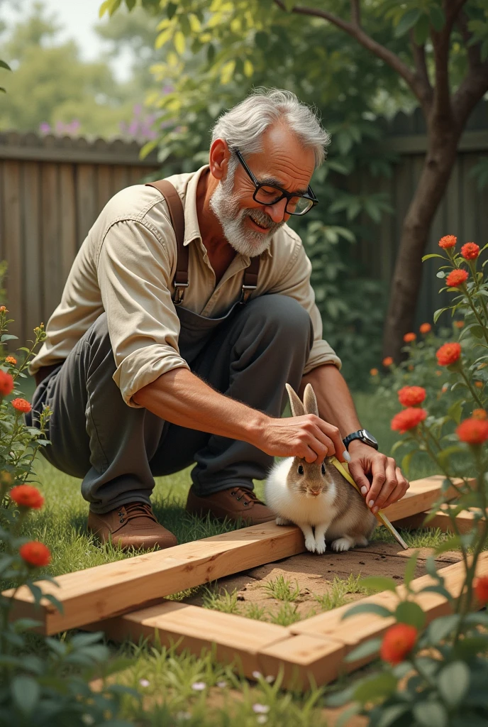 Father building a small fence for rabbits