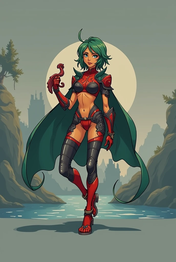 Anime cartoon style, naga woman, woman with snake legs, armor red and black, cape green, bard with harp, green hair, short hair, beautiful face, orange skincolor, fantasy, medieval, mitological,