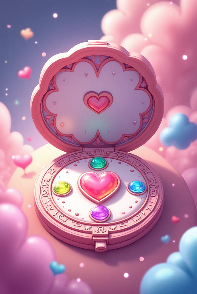 Heart motif, 4 colored gems placed in 4 directions, magic compact, cartoon, anime, show me the design of the lid