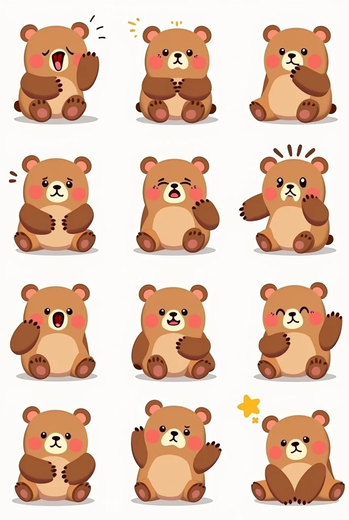 Line stickers with cute, chubby brown bears, 12 emotions