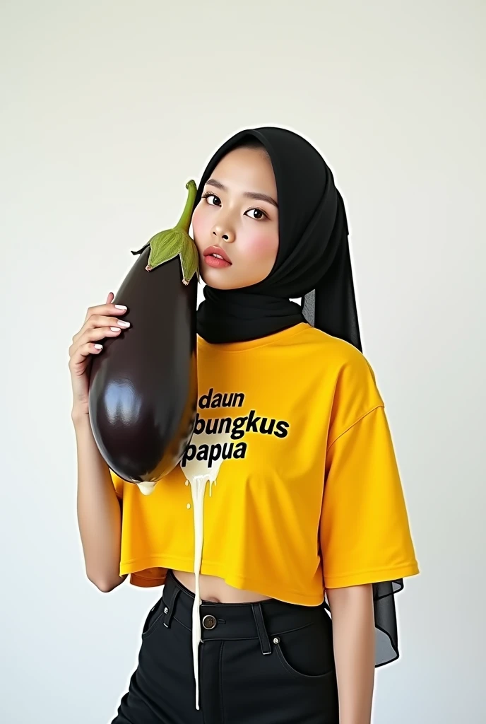 beautiful Korean woman wearing a hijab, wearing a yellow crop top t-shirt that says DAUN BUNGKUS PAPUA, holding a large and long eggplant, at the end of the eggplant there is thick white melted milk, white background