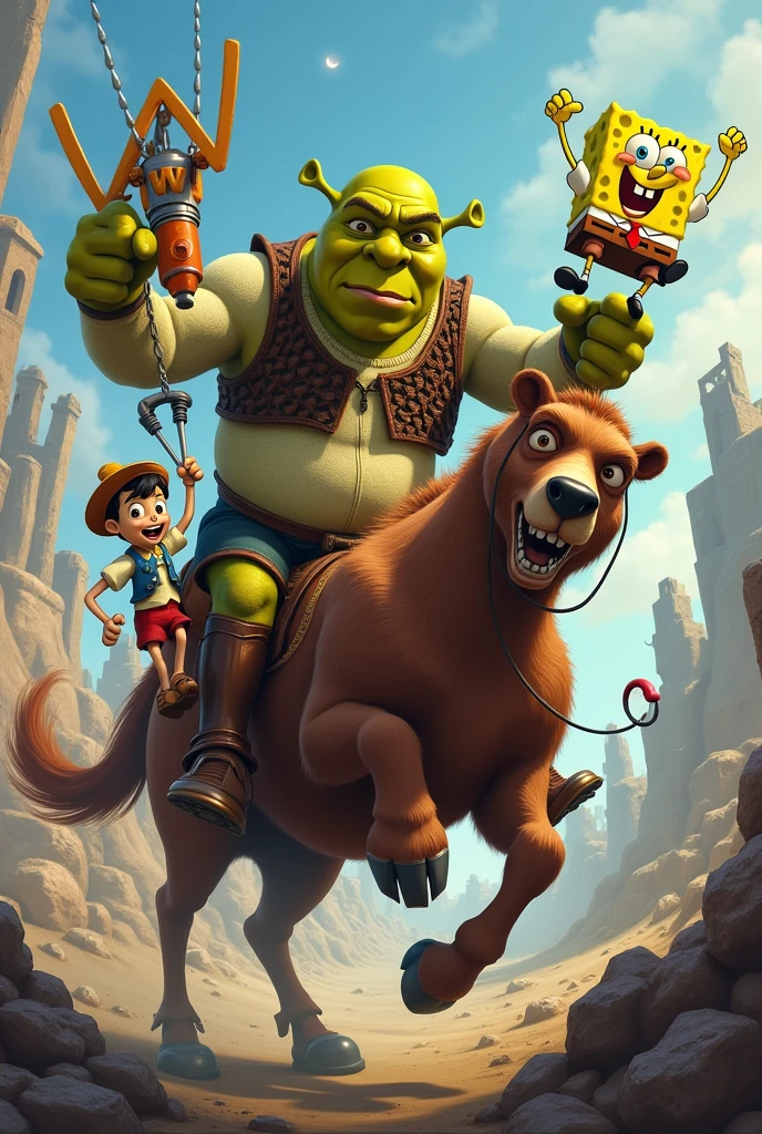Pinocchio holding a bazuka on Shrek's back vs. SpongeBob holding a W on Little Brown Bear's back