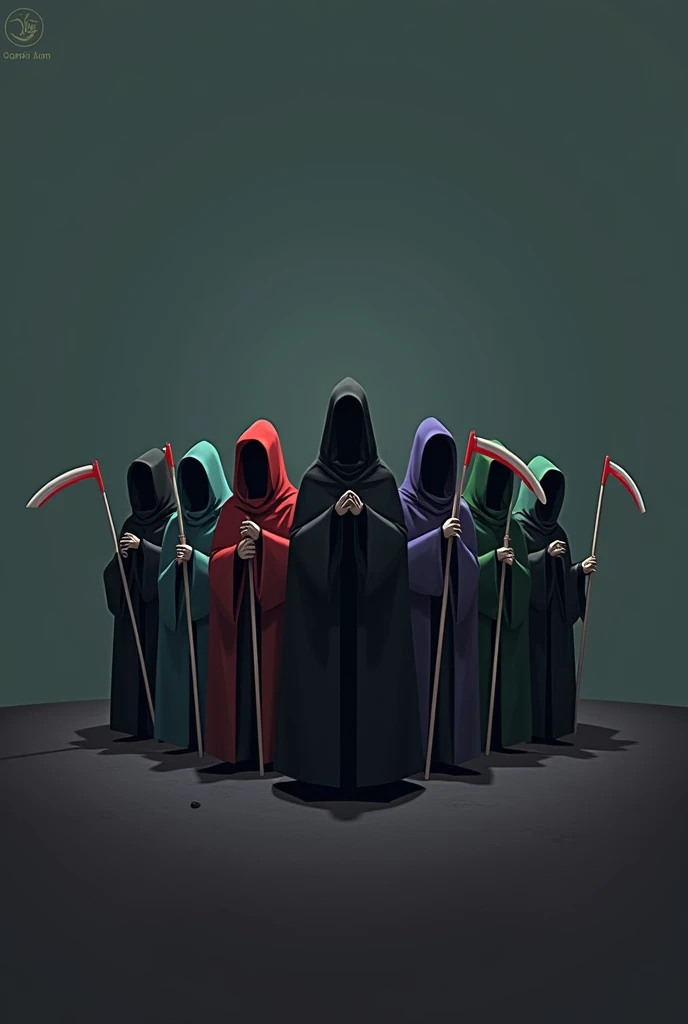 Eight small faceless grim reapers with different colors in 2D mode and without background, each wielding a scythe