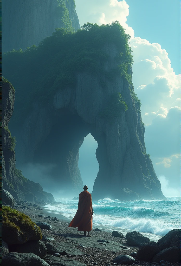 (masterpiece, best quality:1.2), Super Detail, Movie Lighting, HDR, illustration, The huge rock looks like a habitat in the sea, rich and colorful,  monk, mystery, Very detailed, High contrast, Golden Ratio Composition, Epic views, masterpiece,