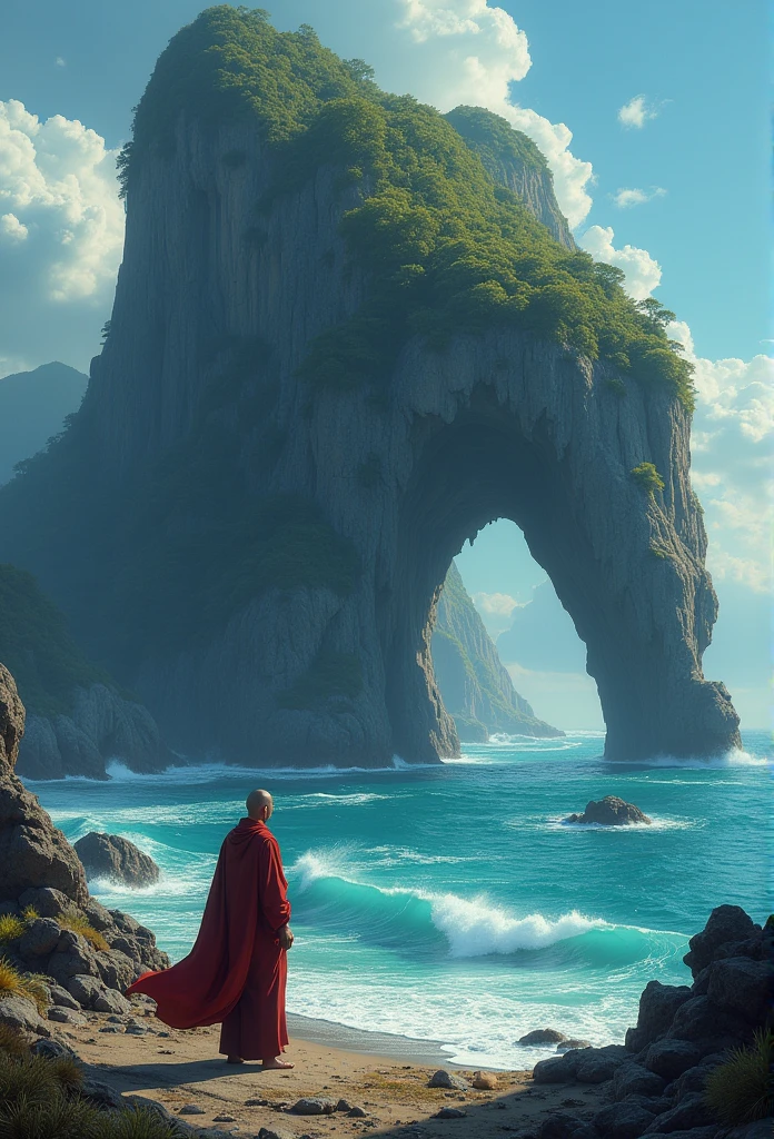 (masterpiece, best quality:1.2), Super Detail, Movie Lighting, HDR, illustration, The huge rock looks like a habitat in the sea, rich and colorful,  monk, mystery, Very detailed, High contrast, Golden Ratio Composition, Epic views, masterpiece,