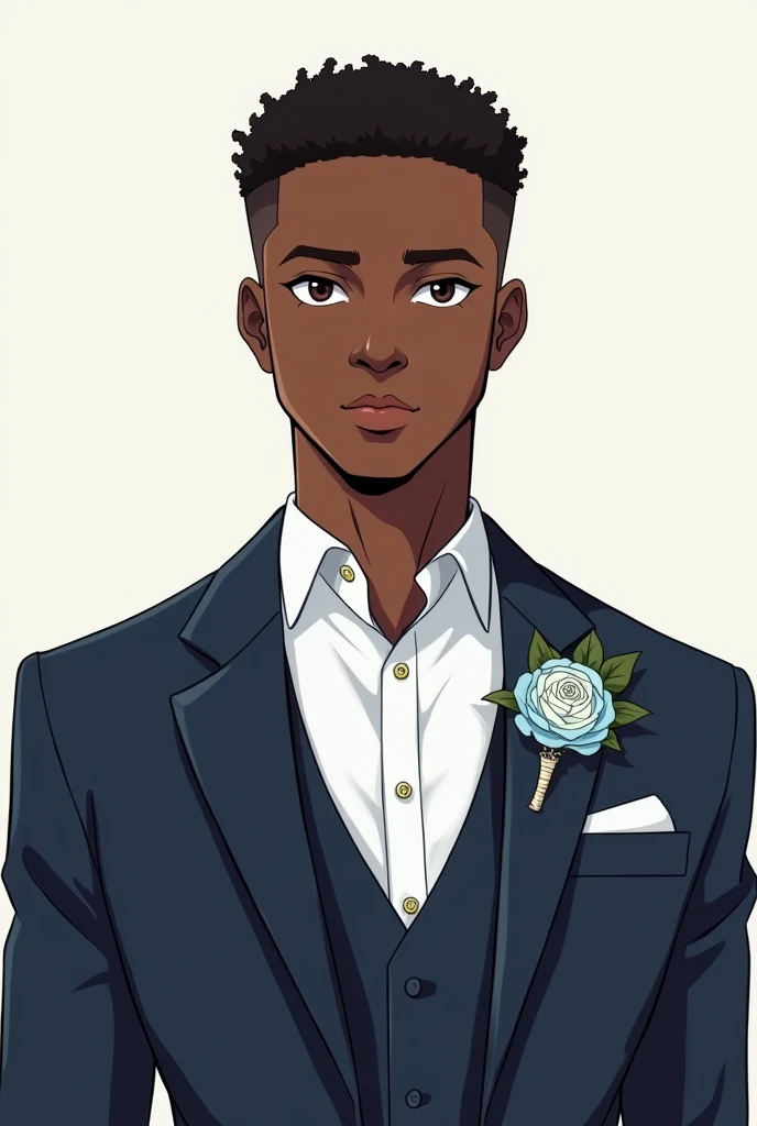 Style manga, homme noir noir de 26 ans, costume 3 pieces bleu foncé boutonniere fleur bleue claire et blanche. Cheveux crepus courts et rases sur les côtés. chemise blanche. Yeux marrons foncés, il sourit un peu timide mais charmeur. Lèvres fines, nez épaté 