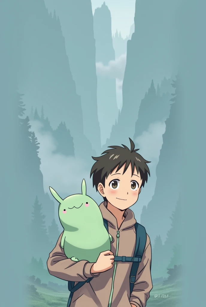 Draw this person as an anime character in the style of Hayao Miyazaki.  In the same position and pose as original picture with the same clothes.  With a back ground in anime style of mountains of the Pacific Northwest.  