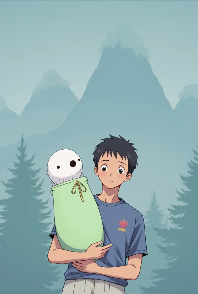 Draw this person as an anime character in the style of Hayao Miyazaki. In the same position and pose as original picture with the same clothes. With a back ground in anime style of mountains of the Pacific Northwest.