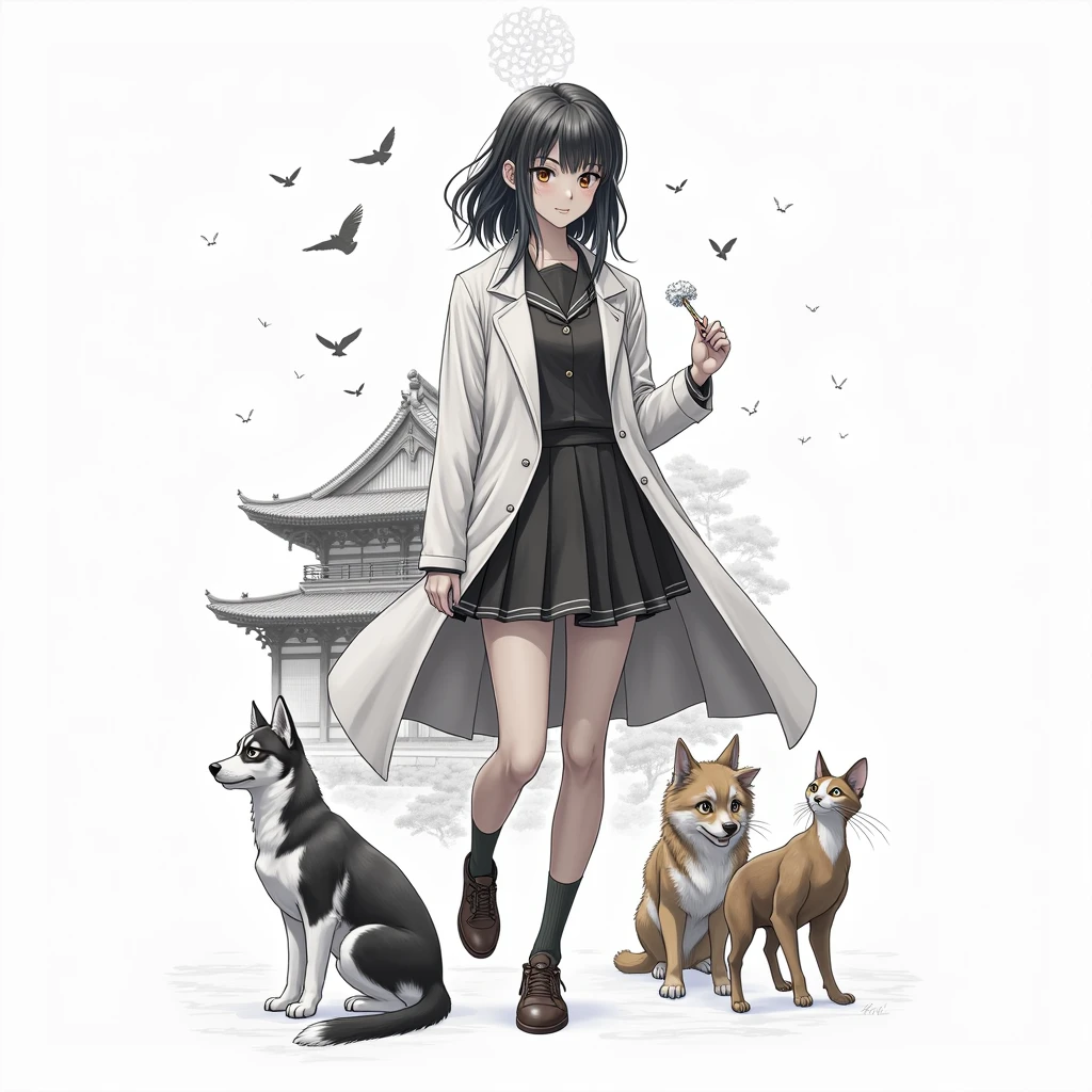 anime girl wearing labcoat, scientist girl, character with a dog and a cat and a bird,traditional anime art, traditional style, epic pencil illustration, hyper detailed manga drawing,