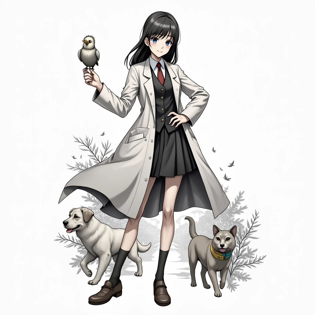 anime girl wearing labcoat, scientist girl, character with a dog and a cat and a bird,traditional anime art, traditional style, epic pencil illustration, hyper detailed manga drawing,