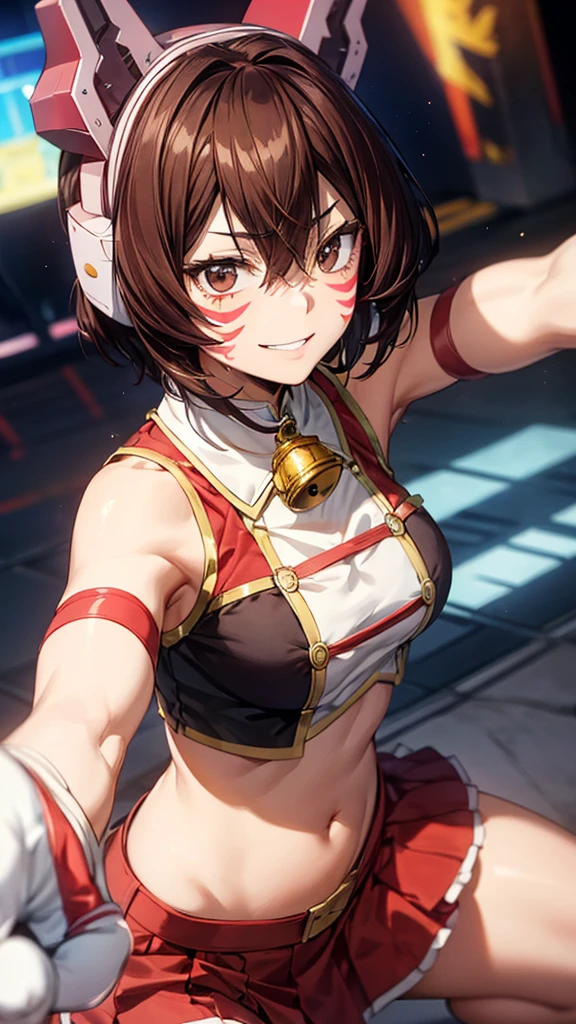 Prostration,defeat,Cowboy Shot,shinososaki, Shino sosaki, short hair, Brown Hair, Armpit,Steamy,Sweat,Large Breasts,Submission pose,Animal ears, Hair between the eyes, (Brown eyes), headgear, Facial blemishes, Face Paint, smile,gloves, belly button, No sleeve, abdomen, Bell, Red Skirt, neck Bell,((Animal Hands)),((Claw Pose)),(squat,Kneel),masterpiece,Noise Reduction,Perfect Anatomy,High resolution, Very detailed, Very detailed face,Game CG,Dutch Angle ,Beautiful attention to detail,Visual Arts,Five Fingers, Perfect hands, Perfect lighting, Sparkling Eyes,