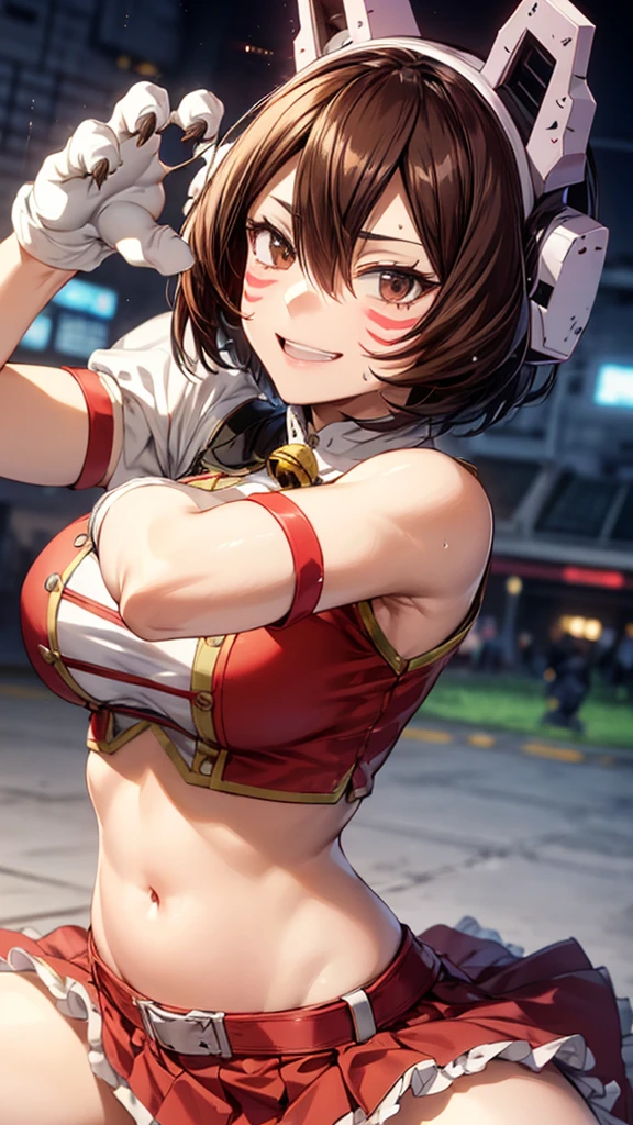 Prostration,defeat,Cowboy Shot,shinososaki, Shino sosaki, short hair, Brown Hair, Armpit,Steamy,Sweat,Large Breasts,Submission pose,Animal ears, Hair between the eyes, (Brown eyes), headgear, Facial blemishes, Face Paint, smile,gloves, belly button, No sleeve, abdomen, Bell, Red Skirt, neck Bell,((Animal Hands)),((Claw Pose)),(squat,Kneel),masterpiece,Noise Reduction,Perfect Anatomy,High resolution, Very detailed, Very detailed face,Game CG,Dutch Angle ,Beautiful attention to detail,Visual Arts,Five Fingers, Perfect hands, Perfect lighting, Sparkling Eyes,