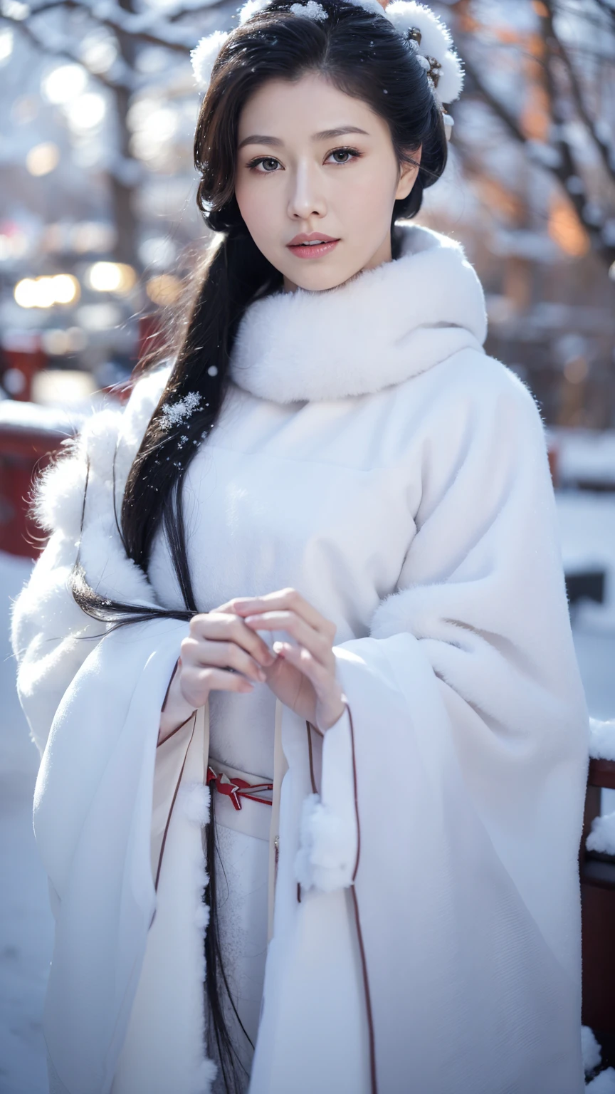1 Fashion Model [[[[close up]]]], [[[[neck]]]], [[[[Shoulder]]]], (((Complete head)))，(((Complete hairstyle)))，Perfect eyes, Perfect Iris，Perfect lips，Perfect Teeth，Perfect skin，White skin，Soft headlights，High-density imaging，Black long hair，（Clean and delicate face），((White fur winter hanfu))，((Half-length photo))，((The background is a snowy scene))，((winter))，((Various dynamic poses))，((The background is a snowy scene))，best quality，masterpiece，（Soft colors：1.2）