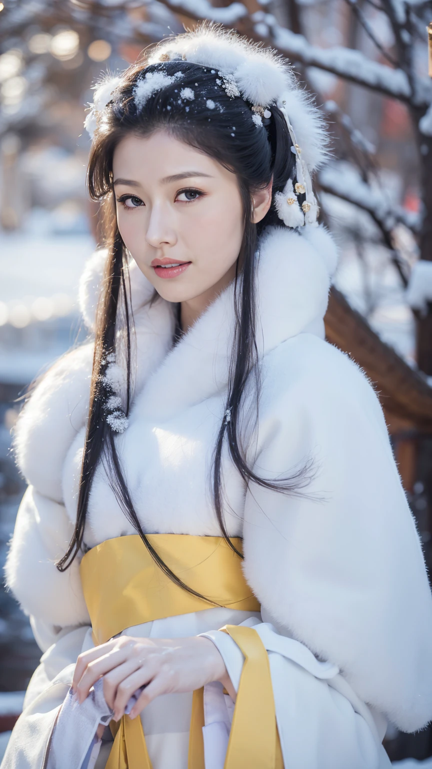 1 Fashion Model [[[[close up]]]], [[[[neck]]]], [[[[Shoulder]]]], (((Complete head)))，(((Complete hairstyle)))，Perfect eyes, Perfect Iris，Perfect lips，Perfect Teeth，Perfect skin，White skin，Soft headlights，High-density imaging，Black long hair，（Clean and delicate face），((White fur winter hanfu))，((Half-length photo))，((The background is a snowy scene))，((winter))，((Various dynamic poses))，((The background is a snowy scene))，best quality，masterpiece，（Soft colors：1.2）