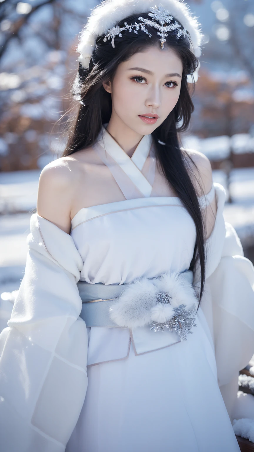 1 Fashion Model [[[[close up]]]], [[[[neck]]]], [[[[Shoulder]]]], (((Complete head)))，(((Complete hairstyle)))，Perfect eyes, Perfect Iris，Perfect lips，Perfect Teeth，Perfect skin，White skin，Soft headlights，High-density imaging，Black long hair，（Clean and delicate face），((White fur winter hanfu))，((Half-length photo))，((The background is a snowy scene))，((winter))，((Various dynamic poses))，((The background is a snowy scene))，best quality，masterpiece，（Soft colors：1.2）