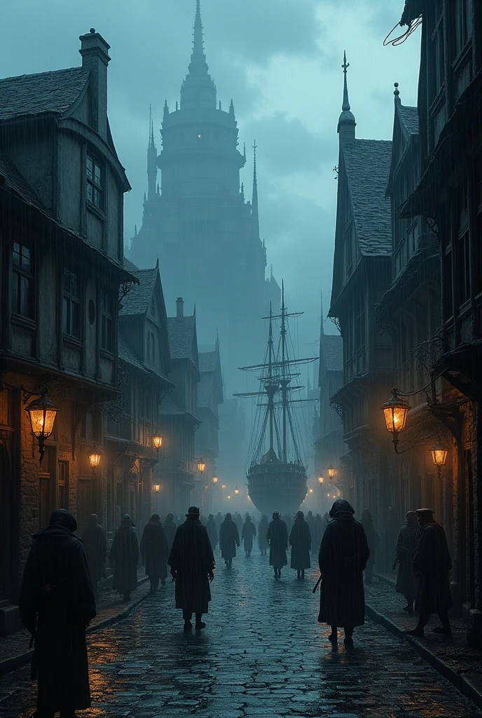 A port city in a medieval fantasy setting, with a dark and decadent appearance. The city is dirty and disorganized, with narrow cobbled streets, flanked by dilapidated buildings. The port is home to wooden ships in a decrepit state. The atmosphere is cold and sinister, with a light rain falling, intensifying the sense of despair. The scene is shrouded in a haze of blue-gray hues, with the wet streets reflecting the dim light of flickering lanterns. The general atmosphere is macabre and threatening., suggesting a place marked by danger and poverty.