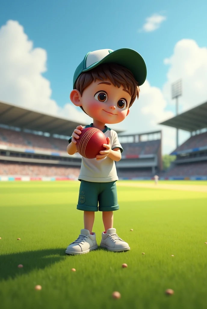 a boy who lift a cricket ball and looking the ball and stand on the filde