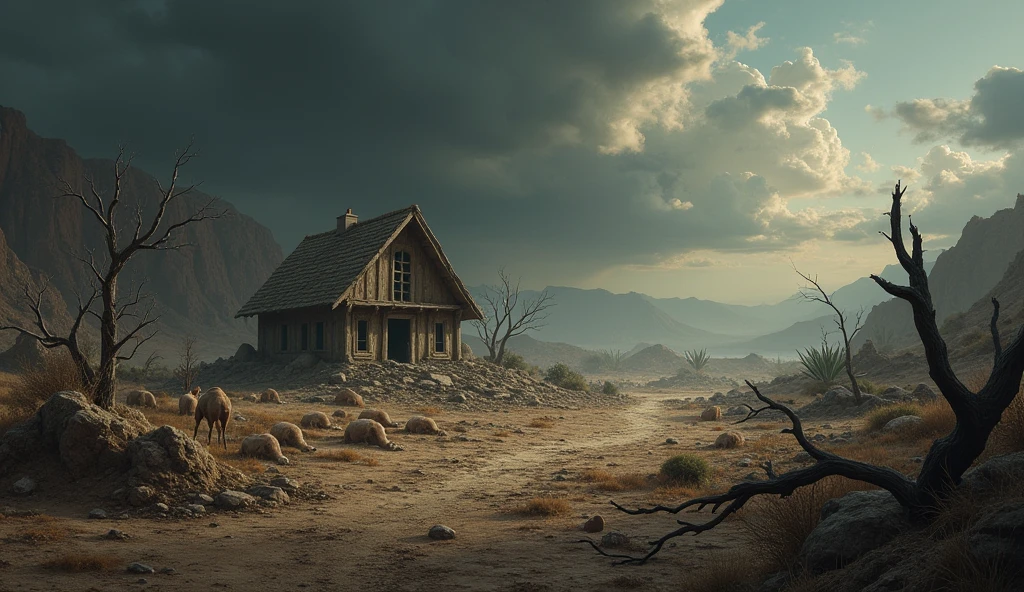 "Create an image of a desolate and bleak landscape, with arid, rocky terrain under a dark, cloudy sky. On the scene, include dry and twisted trees, with the ground cracked and dry. Ao fundo, show a destroyed house with debris scattered around, symbolizing the death of Job's children. In different parts of the scene, represent the other tragedies: flocks of dead sheep and camels, some scattered on the floor, and fallen servants. Add a trail of fire that suggests the destruction of the livestock and strong winds that symbolize the strength of the storm that caused the destruction of the house. The setting should convey the magnitude of the losses and Job's deep suffering.."