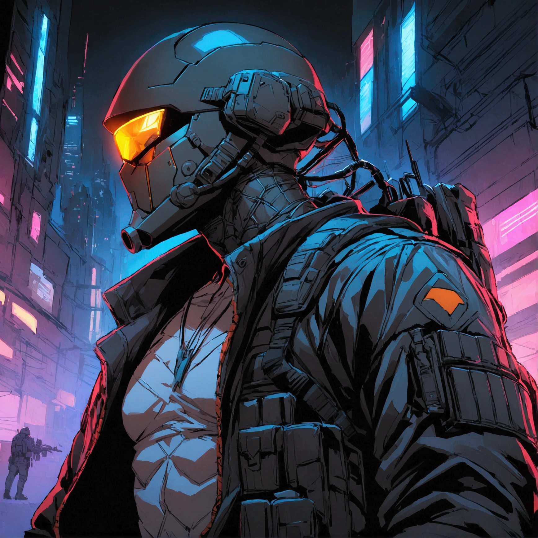 high detailed, Male, full-face helmet. matte black helmet with a smooth, curved surface, plain helmet, grey bodysuit tight shirt. webbing rig, grey cargo pants, V shaped lenses. Black Jacket, Black and red jacket, Open jacket. Halfbody view, mercenary, black jacket, cyberpunk, tactical soldier, webbing rig, Cyberpunk, tactical gear, cyberpunk, Male, Man, Masculine man, Deathstroke helmet