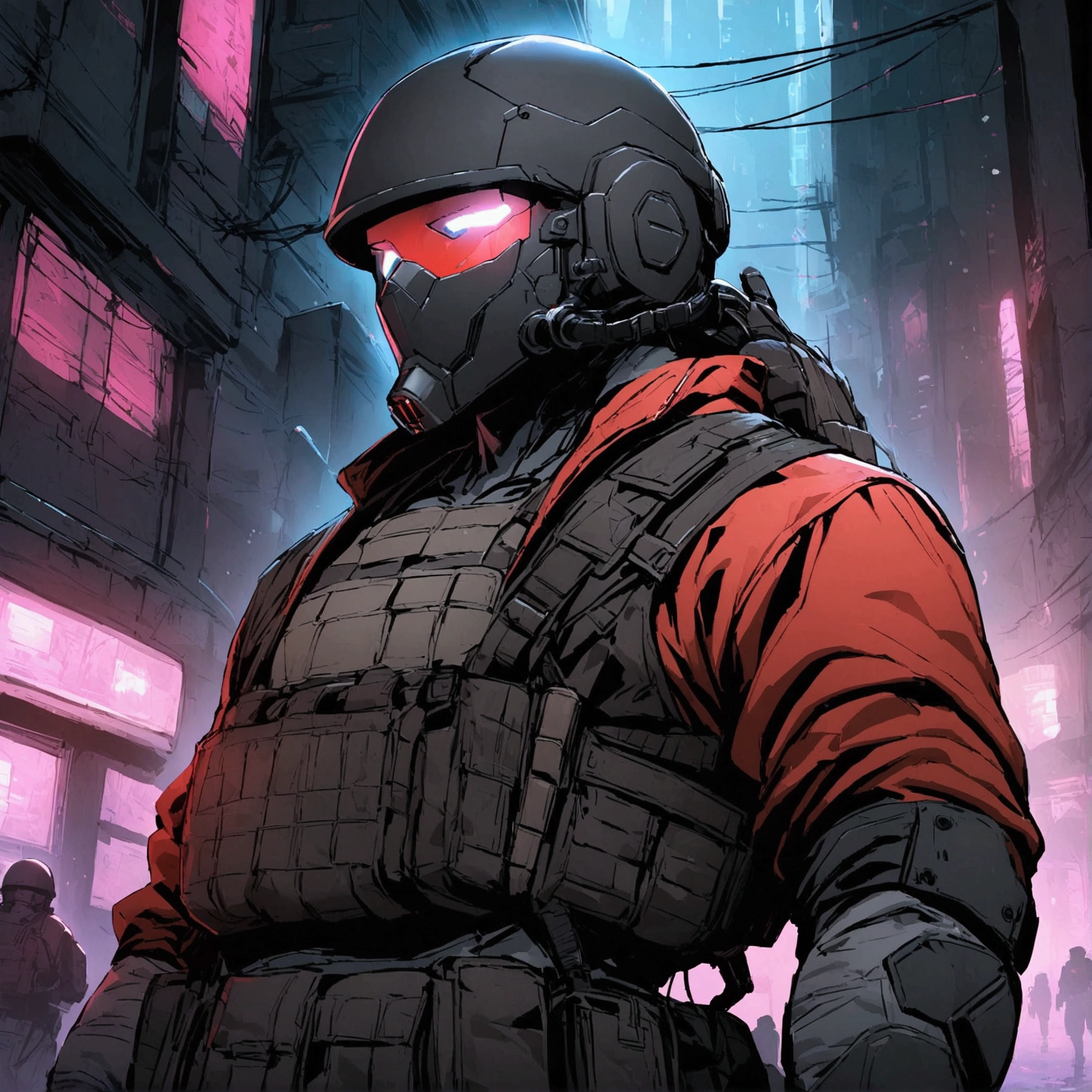 high detailed, Male, full-face helmet. matte black helmet with a smooth, curved surface, plain helmet, grey bodysuit tight shirt. webbing rig, grey cargo pants, V shaped lenses. Black Jacket, Black and red jacket, Open jacket. Halfbody view, mercenary, black jacket, cyberpunk, tactical soldier, webbing rig, Cyberpunk, tactical gear, cyberpunk, Male, Man, Masculine man, Deathstroke helmet