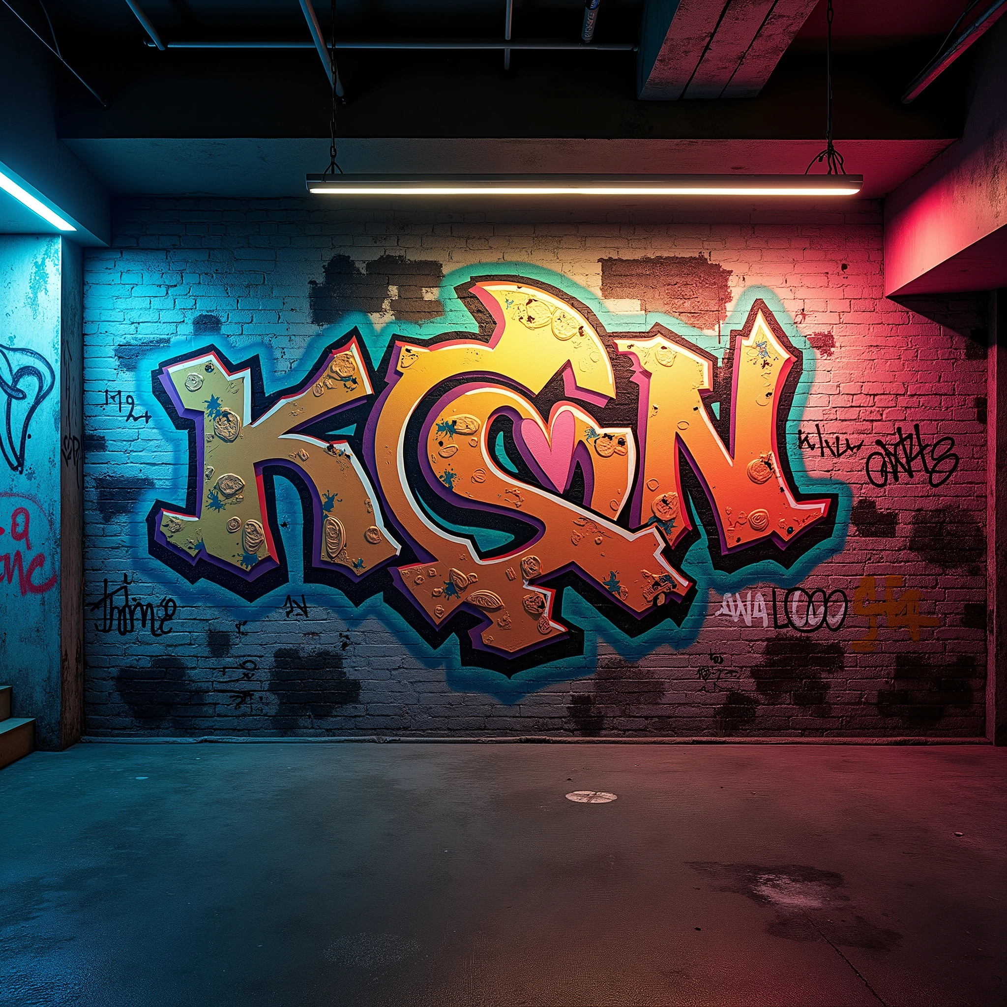 generate a master photograph describing graffiti-covered wall, (8K, best quality), shot on Fujifilm superia, (Studio soft light, high detail, cinematic lighting, rim lighting), Style: (hyperrealistic, by DynastySeries FashionNova, photo, {{{masterpiece photography}}}, analog photograph, professional fashion photoshoot, trending on artstation, synthwave, krrrsty), Quality: (photographed, masterpiece, highest resolution), Definition: (highres, sharp focus, 8k uhd, ultra photo-realistic resolution), Film: (80 mm, shot on portra 120, shot on Fujifilm), Resolution: (extremely detailed, (sharp focus:1.5), cinematic lighting, dramatic lighting, ultra photo-realistic), luxury: