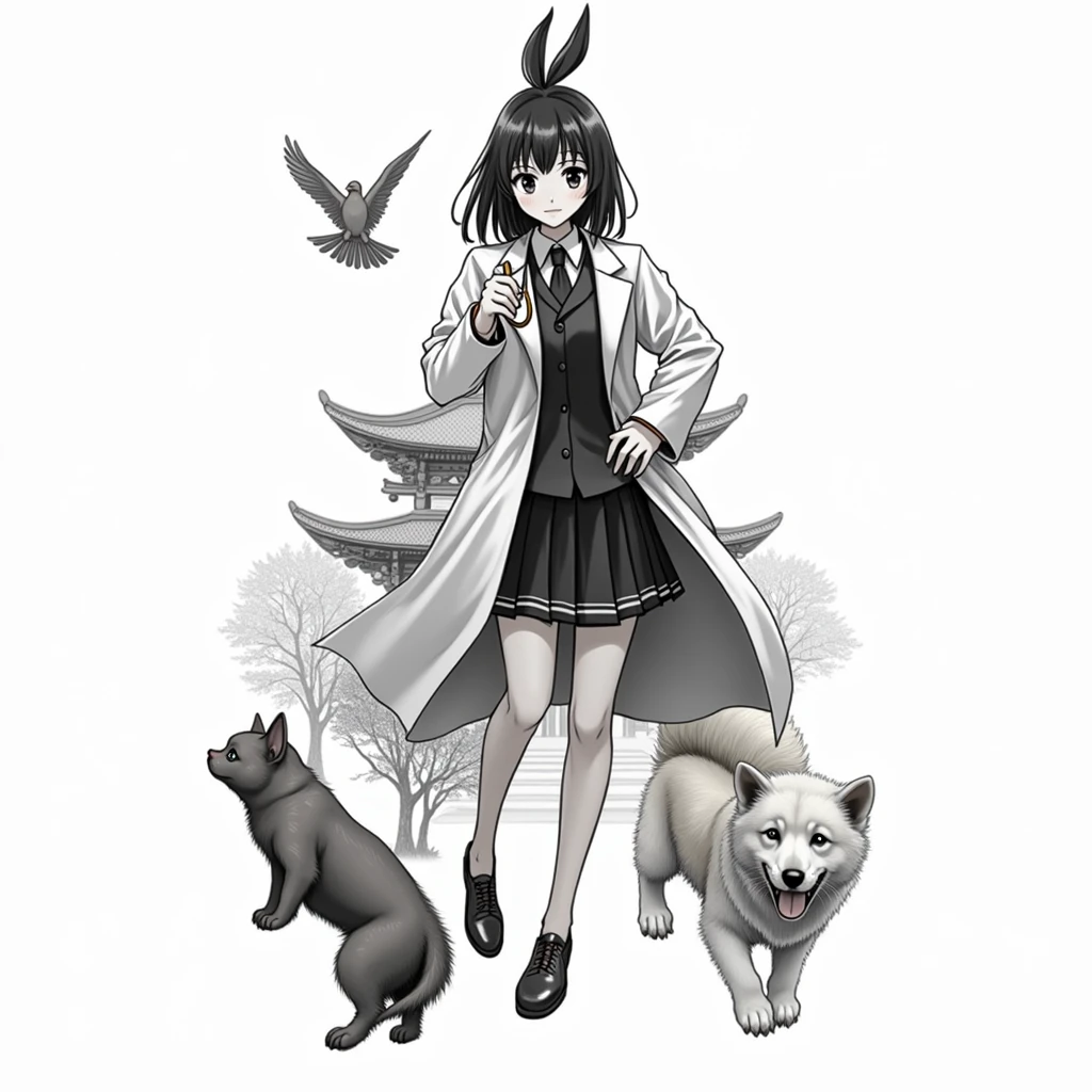 anime girl wearing labcoat, scientist girl, character with a dog and a cat and a bird,traditional anime art, traditional style, epic pencil illustration, hyper detailed manga drawing,