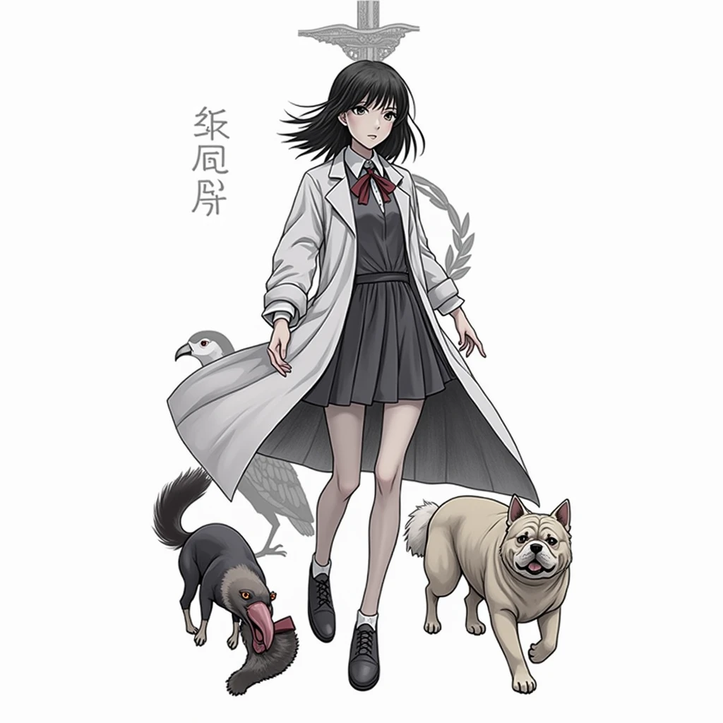 anime girl wearing labcoat, scientist girl, character with a dog and a cat and a bird,traditional anime art, traditional style, epic pencil illustration, hyper detailed manga drawing,